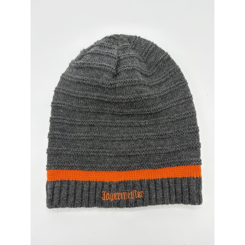 Jagermeister Knit Acrylic Beanie Winter Cap One Size Gray w/ Orange Stripe